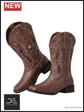 Extra Wide Calf Cowboy Boots Square Toe PU Leather Western Mid-Calf